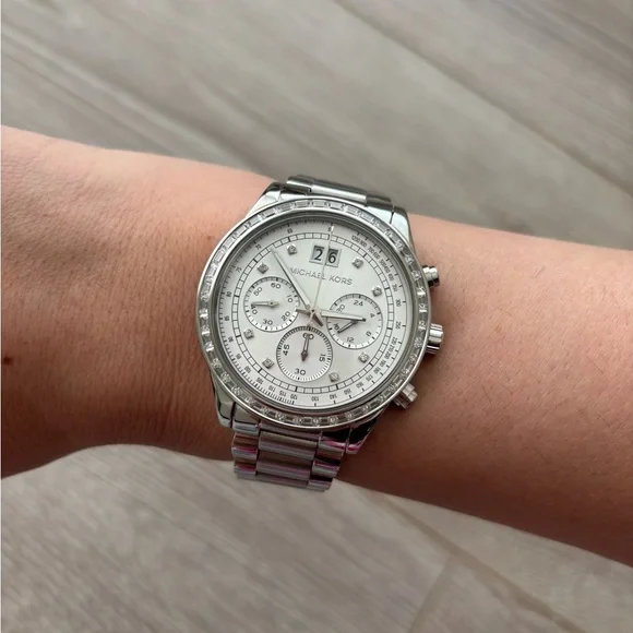 Michael Kors Silver Chronograph Watch with Stainless Steel Bracelet - Picture 2 of 2